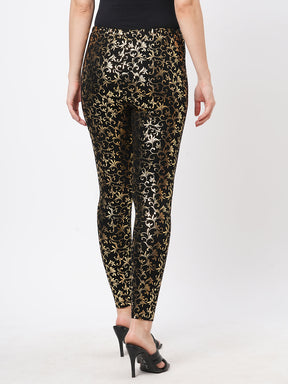  Spell Binding Gold Foil Printed Cotton Lycra Black Legging Handcrafted For You.