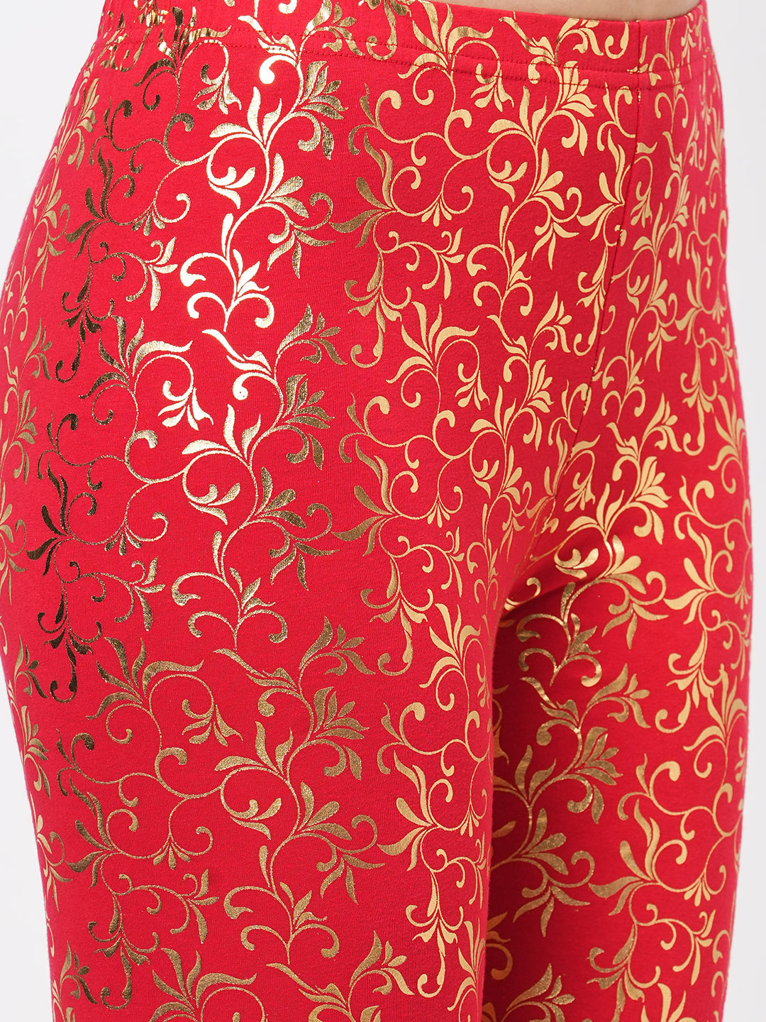  Spell Binding Gold Foil Printed Cotton Lycra Maroon Legging Handcrafted For You.