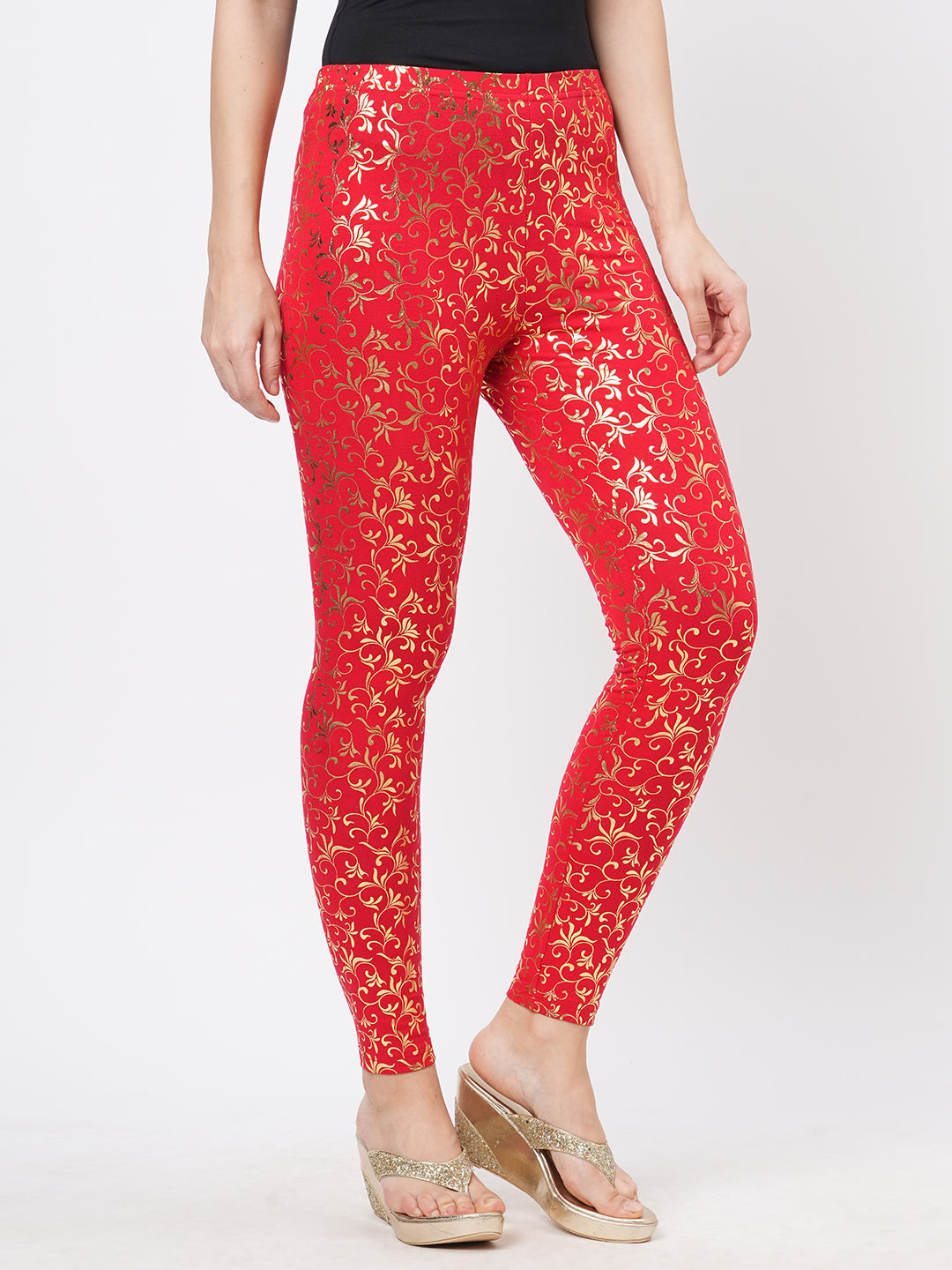  Spell Binding Gold Foil Printed Cotton Lycra Maroon Legging Handcrafted For You.