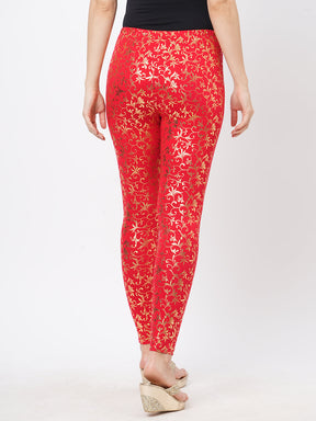  Spell Binding Gold Foil Printed Cotton Lycra Maroon Legging Handcrafted For You.