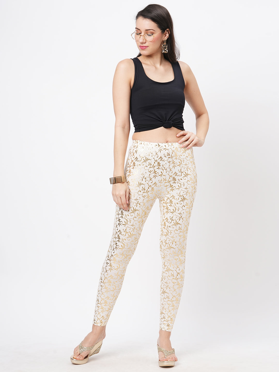  Spell Binding Gold Foil Printed Cotton Lycra Offwhite Legging Handcrafted For You.