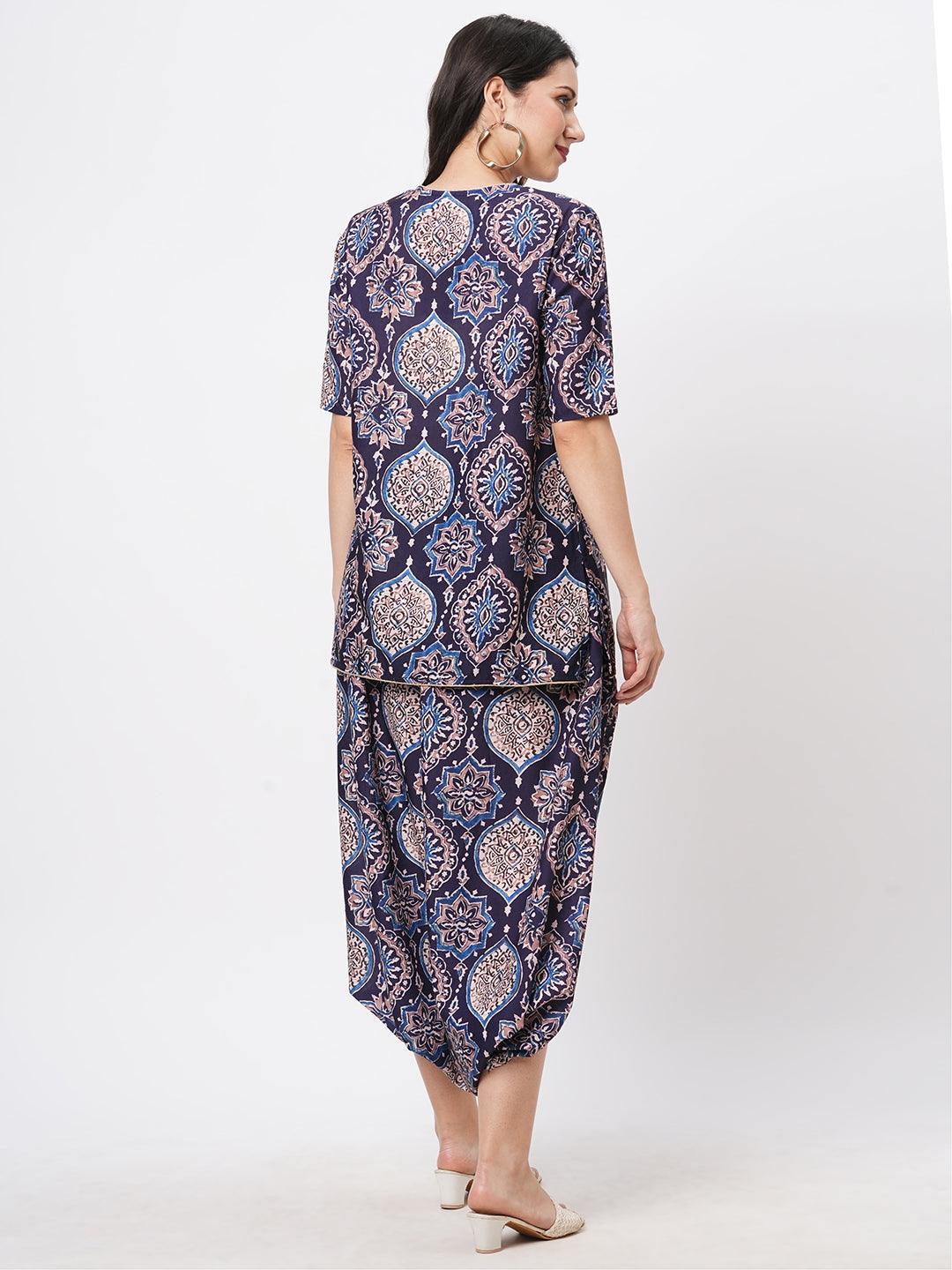 Featuring A Printed Kurti Set With Stylised Dhoti With Slit