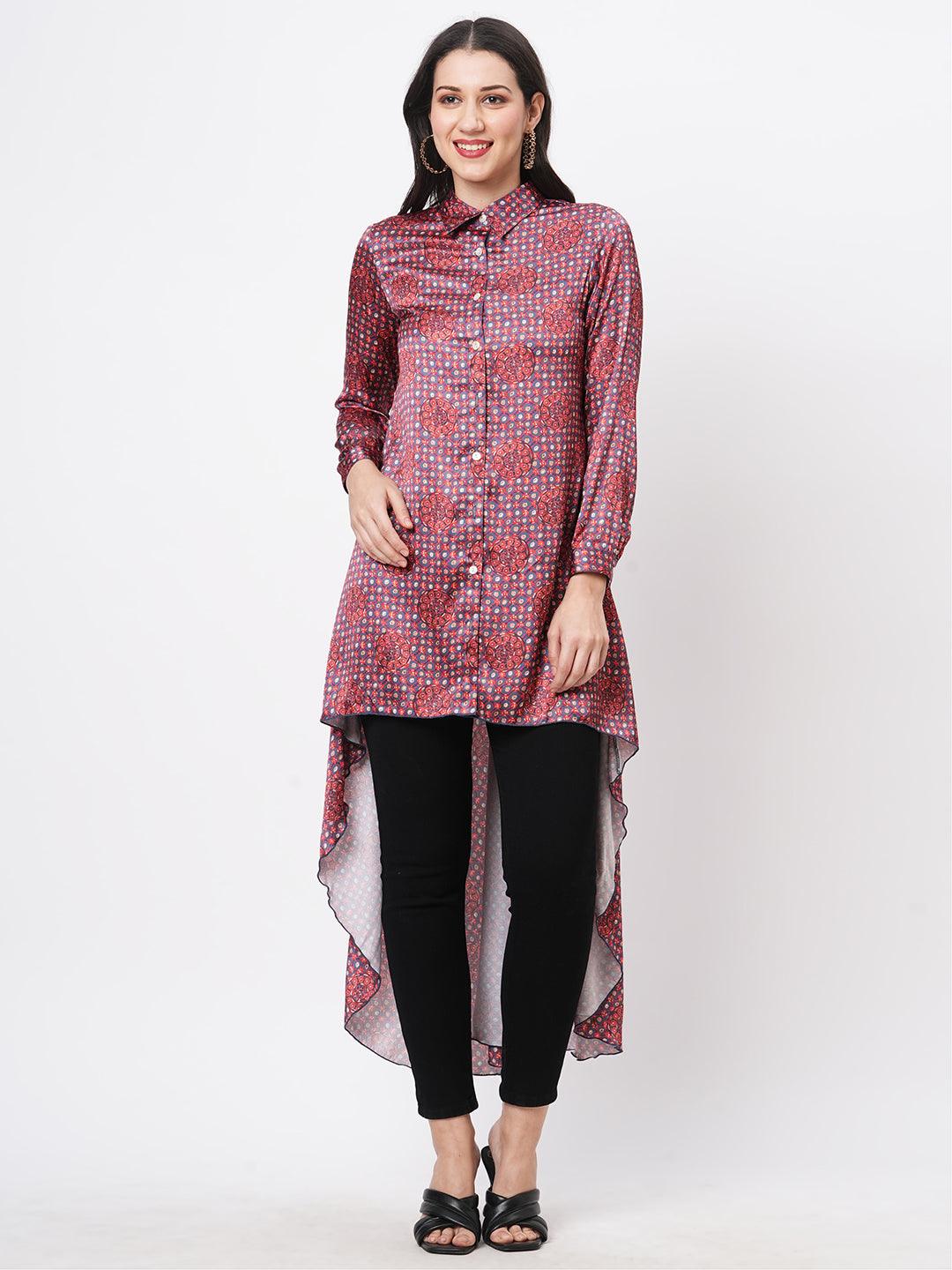 High Low Front Placket Shirt In A Relaxed Fit And Traditional Earthy Tone Color