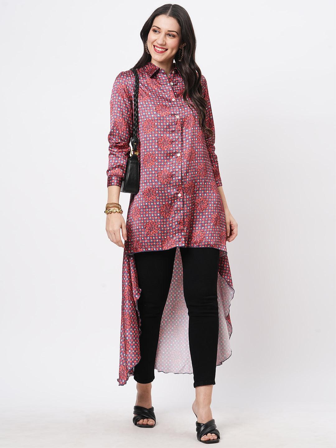 High Low Front Placket Shirt In A Relaxed Fit And Traditional Earthy Tone Color