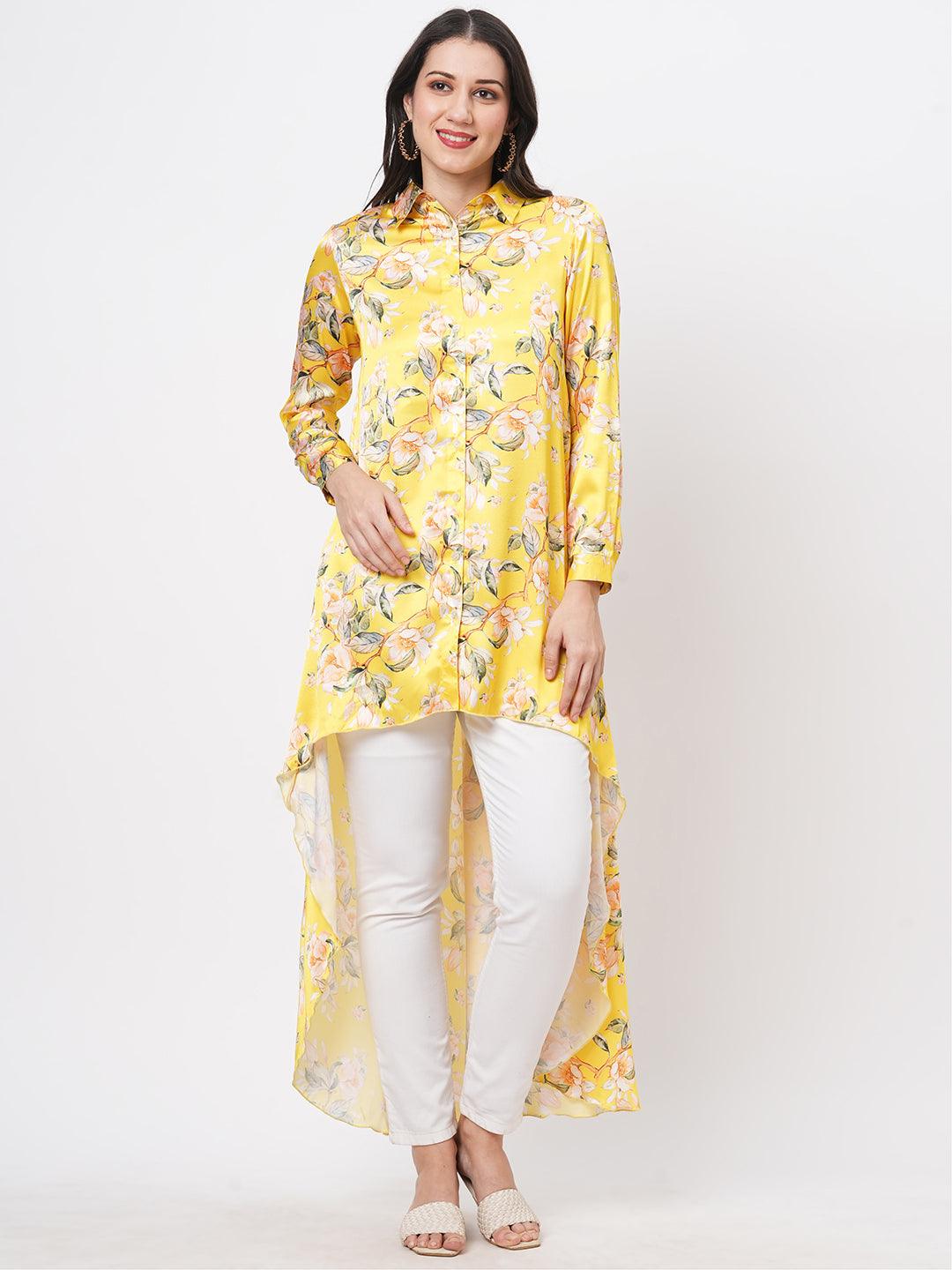 High Low Front Placket Shirt In A Relaxed Fit In Bright Canary Hue