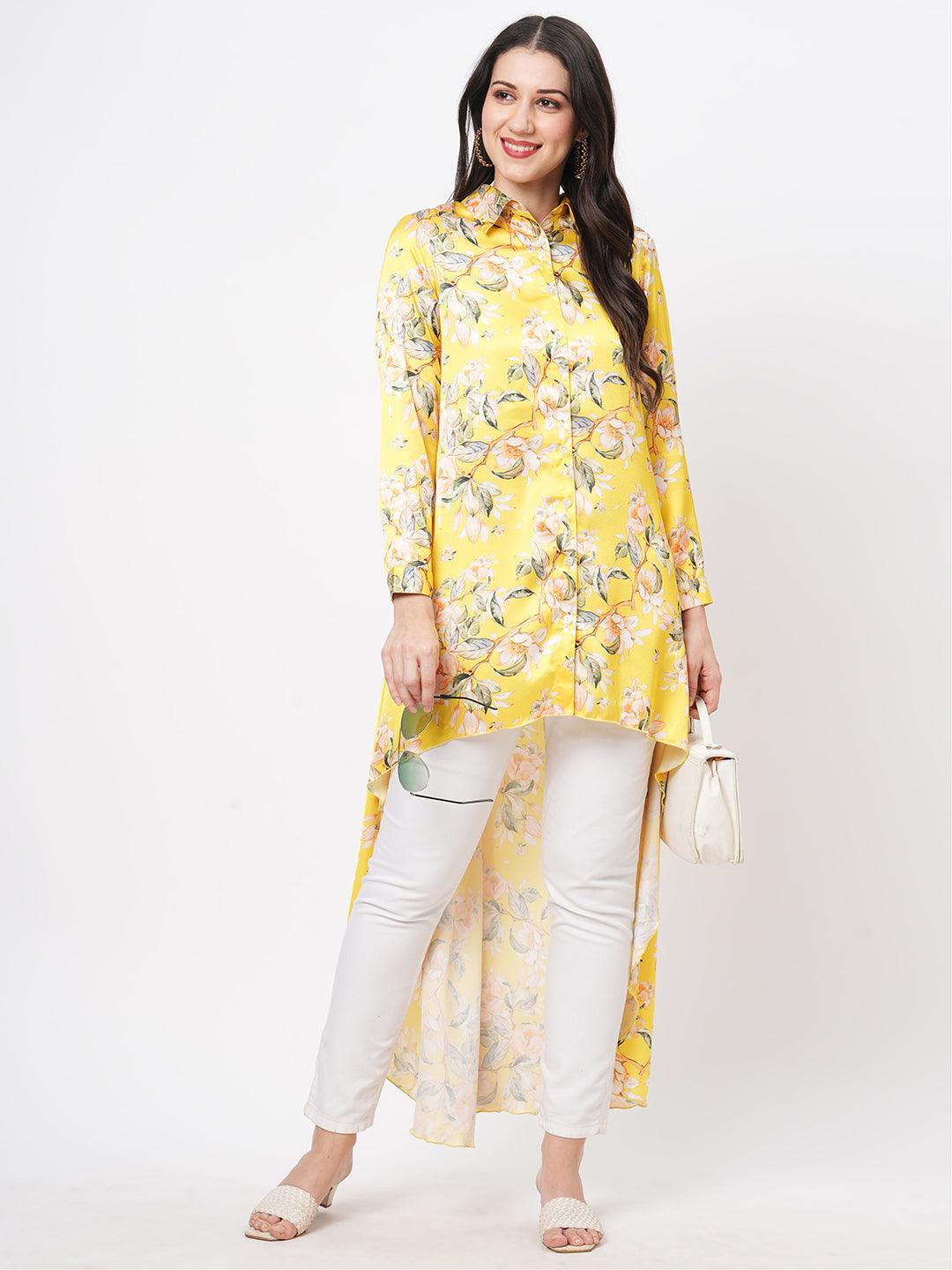 High Low Front Placket Shirt In A Relaxed Fit In Bright Canary Hue