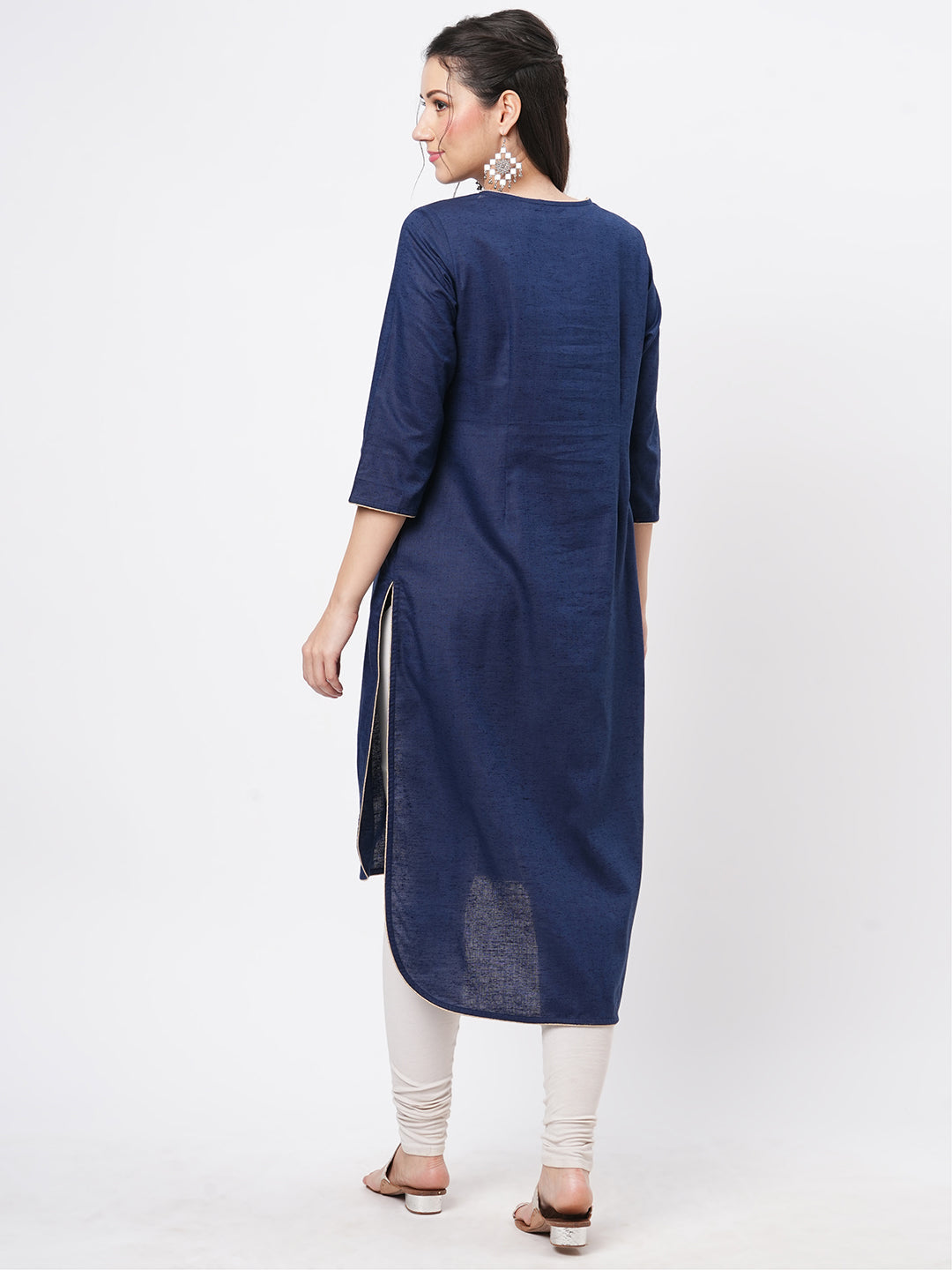 Rounded Hem Navy Kurta With Multi Color Embroidery And Tassel Detail At The Neck