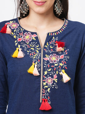 Rounded Hem Navy Kurta With Multi Color Embroidery And Tassel Detail At The Neck