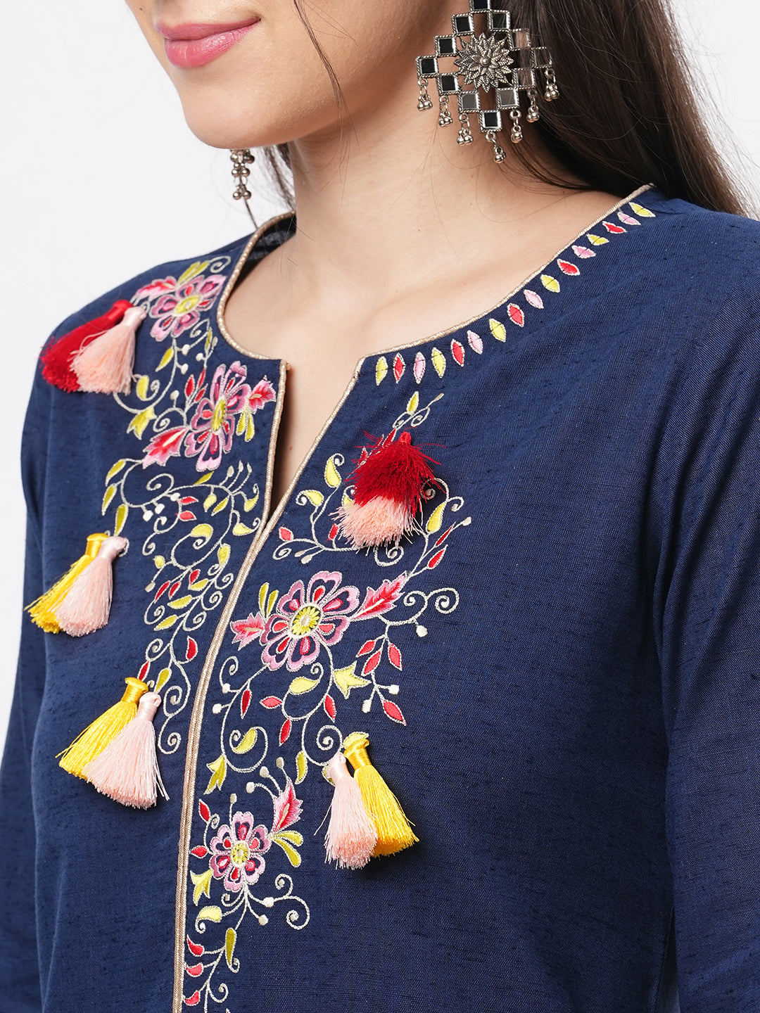 Rounded Hem Navy Kurta With Multi Color Embroidery And Tassel Detail At The Neck