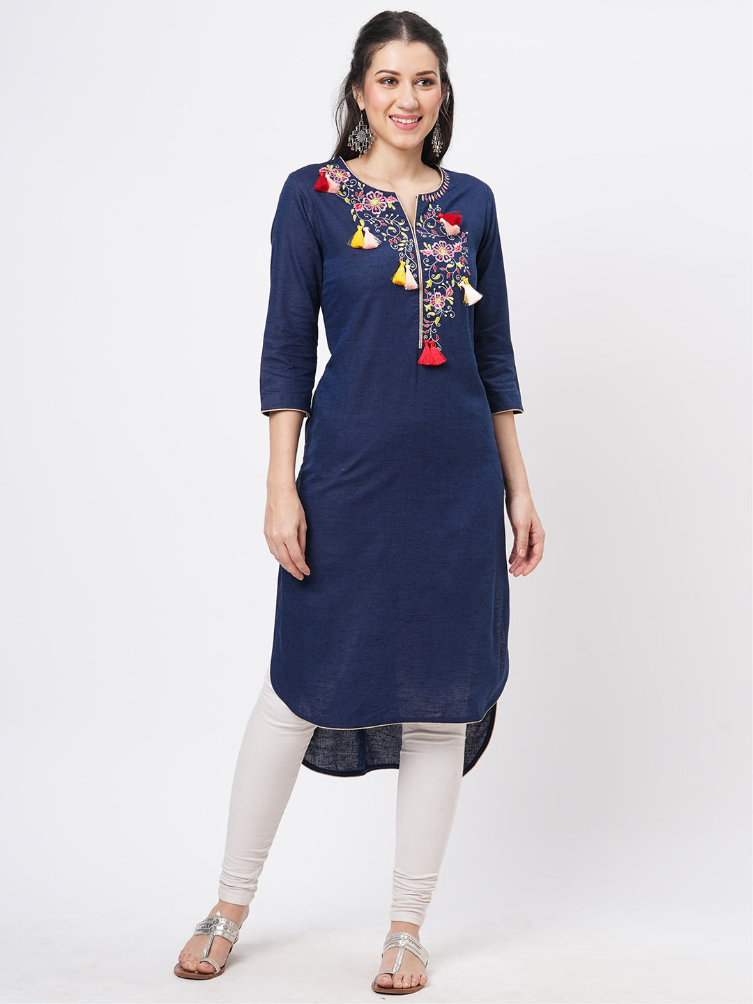 Rounded Hem Navy Kurta With Multi Color Embroidery And Tassel Detail At The Neck