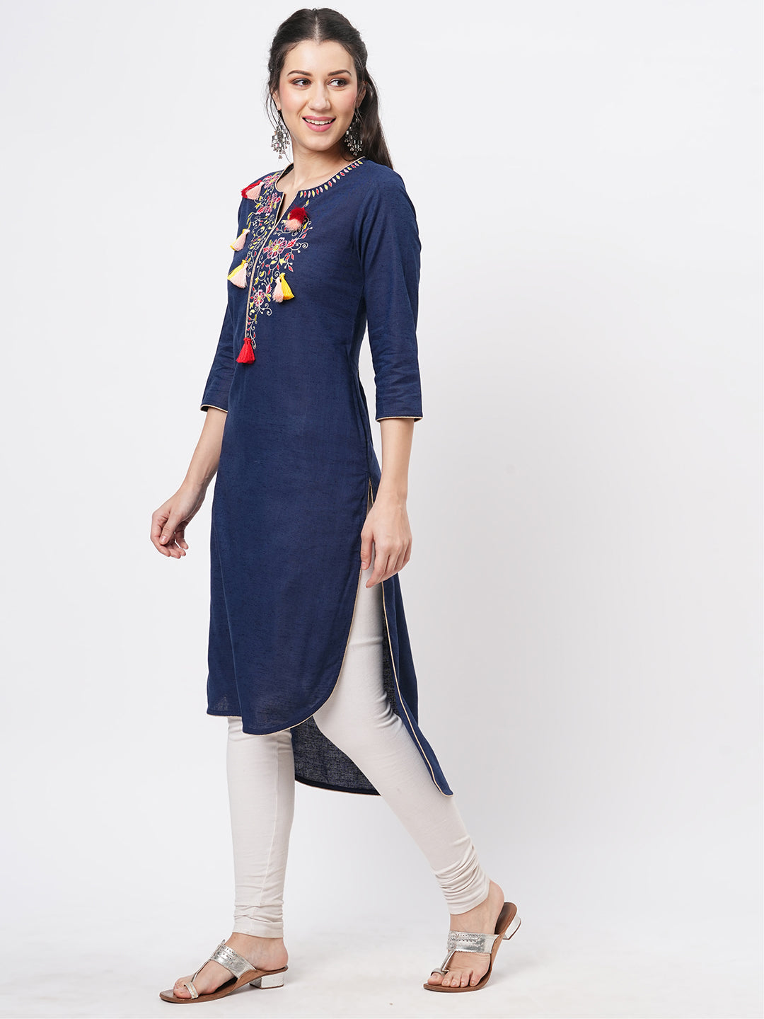 Rounded Hem Navy Kurta With Multi Color Embroidery And Tassel Detail At The Neck