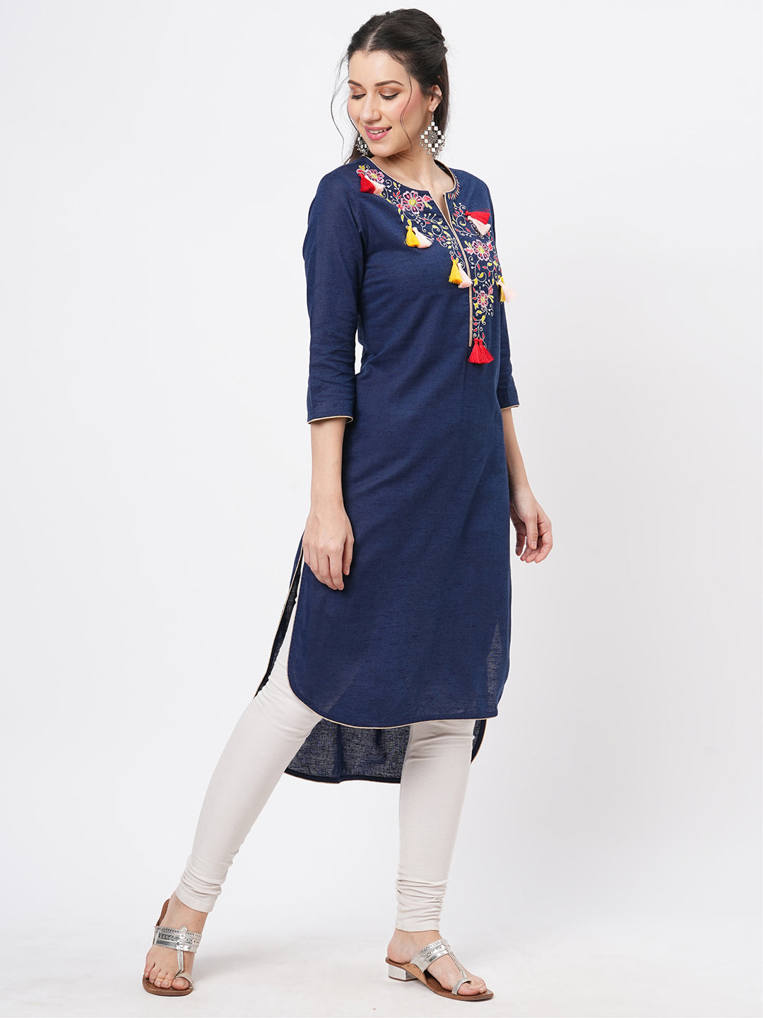 Rounded Hem Navy Kurta With Multi Color Embroidery And Tassel Detail At The Neck