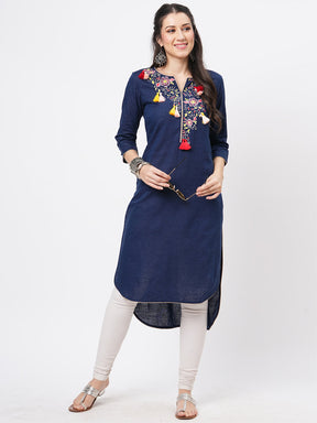 Rounded Hem Navy Kurta With Multi Color Embroidery And Tassel Detail At The Neck