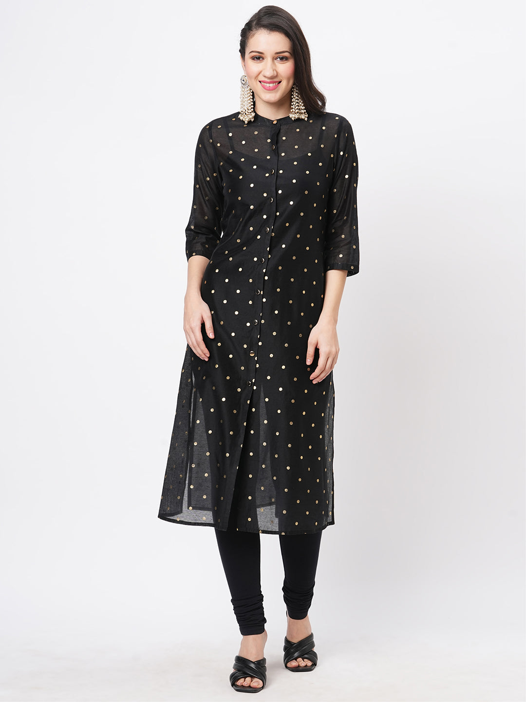 Gold Polka Dotted Black Chanderi Kurta With A Cotton Inner  And Roll Up Sleeves.