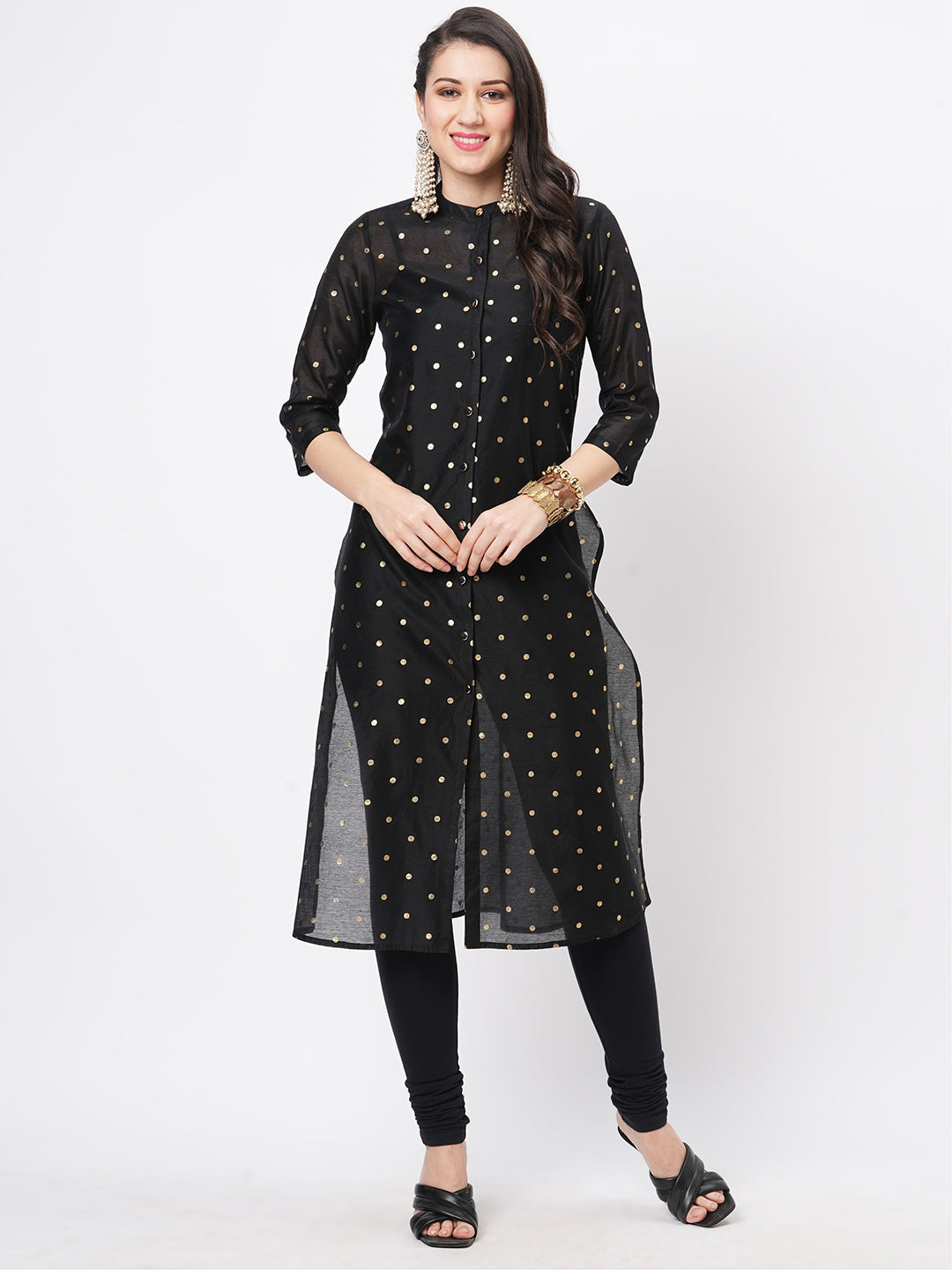 Gold Polka Dotted Black Chanderi Kurta With A Cotton Inner  And Roll Up Sleeves.