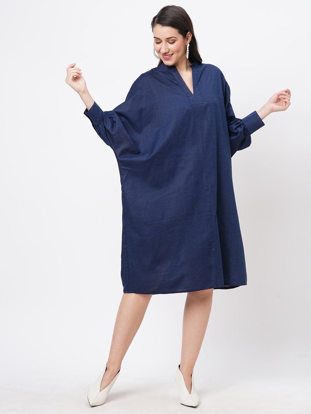 Featuring A Wide Relaxed Fit Kaftan Sleeve Knee Length Dress In Solid Blue