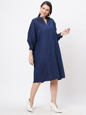 Featuring A Wide Relaxed Fit Kaftan Sleeve Knee Length Dress In Solid Blue