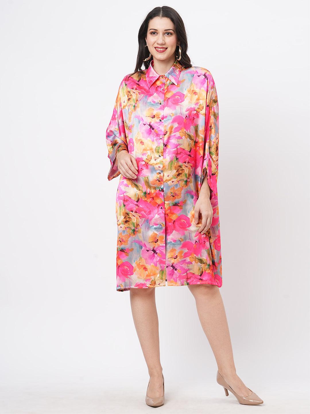 Featuring A Knee Lenth Freesize Kaftan Shirt Dress With Front Button Down Placket