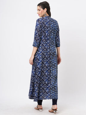 Indigo Two Print Long Flared Kurta Complimenting Each Other With Contrast Color Tassel At The Neck.