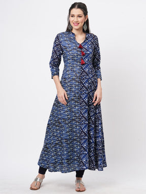 Indigo Two Print Long Flared Kurta Complimenting Each Other With Contrast Color Tassel At The Neck.