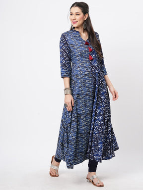 Indigo Two Print Long Flared Kurta Complimenting Each Other With Contrast Color Tassel At The Neck.