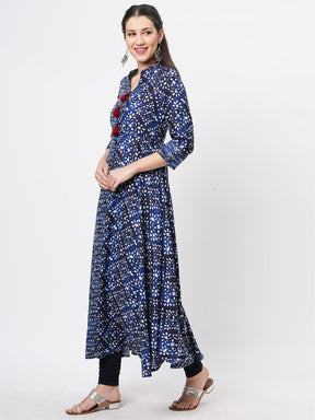 Indigo Two Print Long Flared Kurta Complimenting Each Other With Contrast Color Tassel At The Neck.