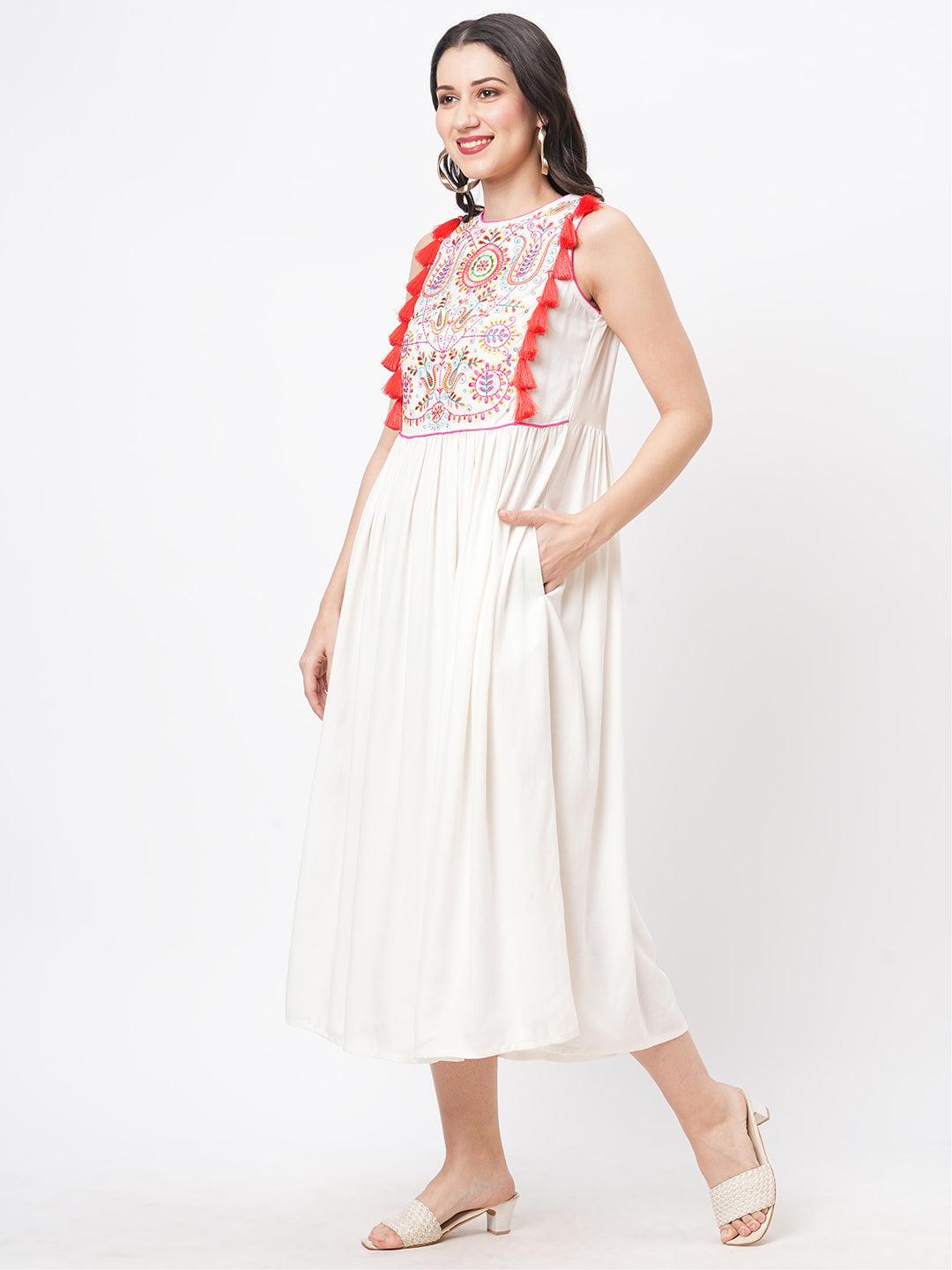 Featuring A Offwhite Boho Calf Length Airy Dress With Tassel And Embroidery