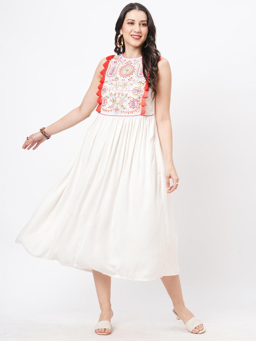 Featuring A Offwhite Boho Calf Length Airy Dress With Tassel And Embroidery