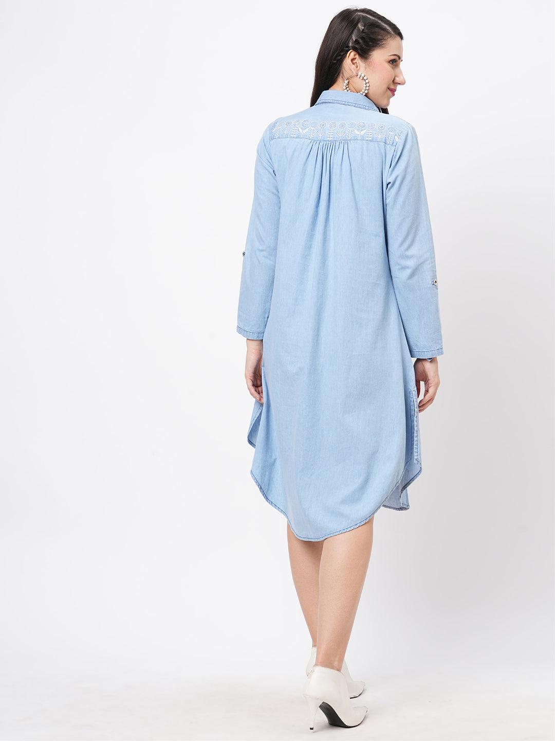 Denim Blue In Sturdy Washed Cotton Shirt Dress With Collar And Button Down Front With Embroidery At The Back