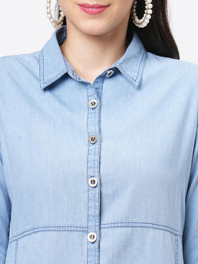 Denim Blue In Sturdy Washed Cotton Shirt Dress With Collar And Button Down Front With Embroidery At The Back