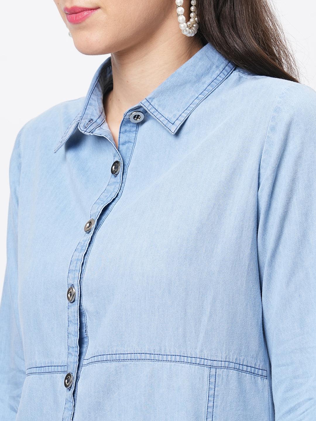 Denim Blue In Sturdy Washed Cotton Shirt Dress With Collar And Button Down Front With Embroidery At The Back