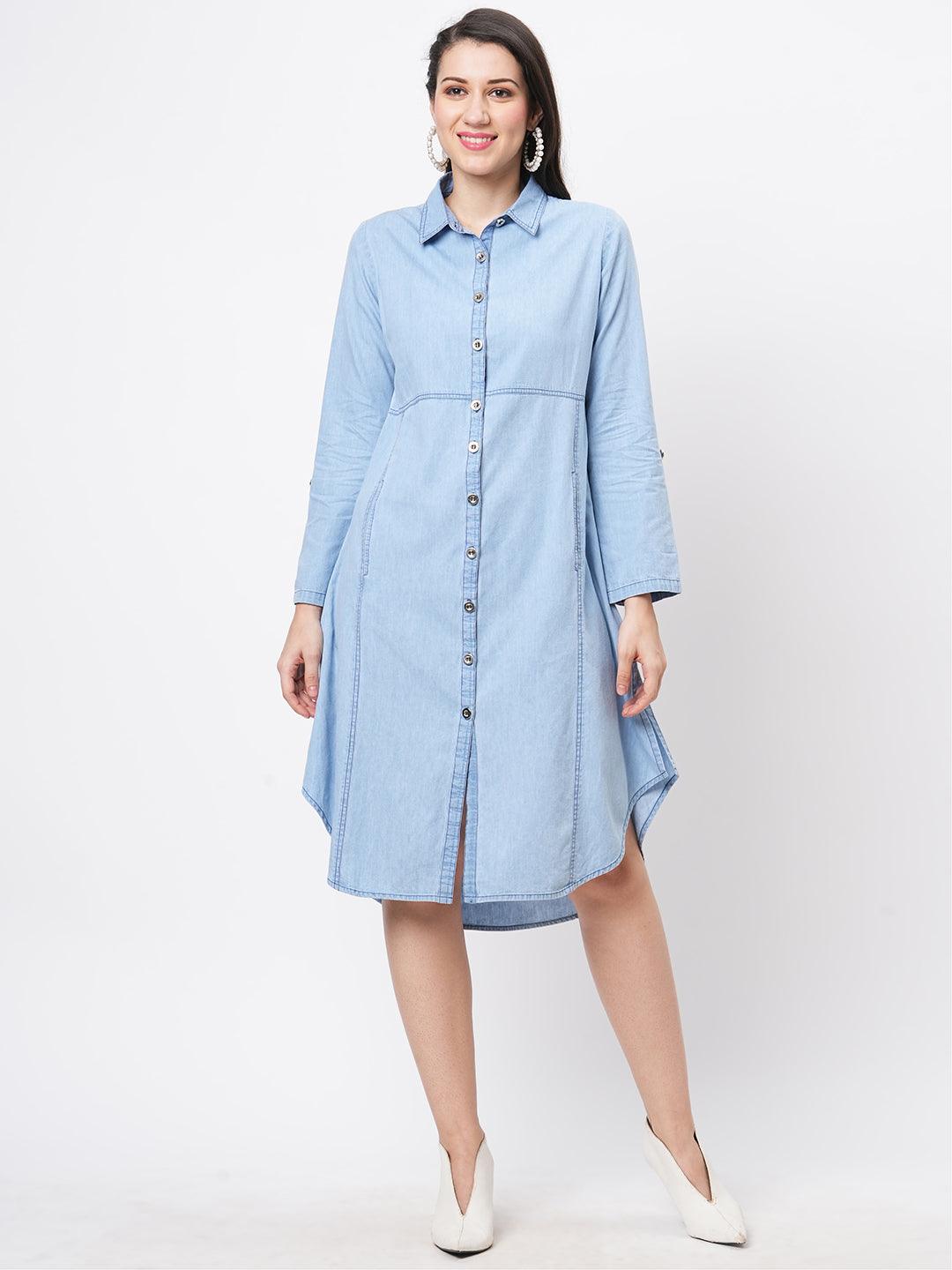 Denim Blue In Sturdy Washed Cotton Shirt Dress With Collar And Button Down Front With Embroidery At The Back