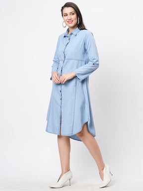 Denim Blue In Sturdy Washed Cotton Shirt Dress With Collar And Button Down Front With Embroidery At The Back