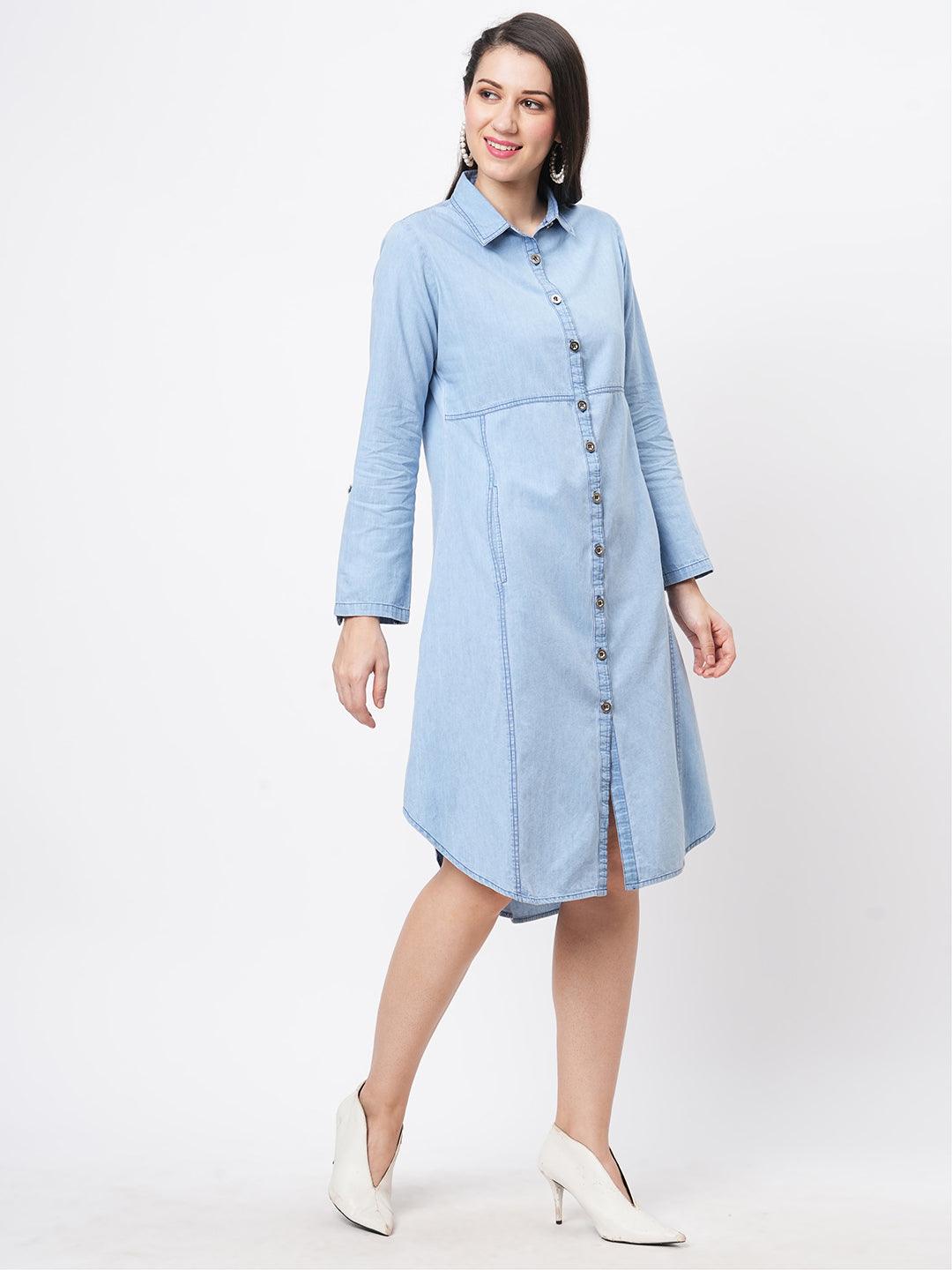 Denim Blue In Sturdy Washed Cotton Shirt Dress With Collar And Button Down Front With Embroidery At The Back