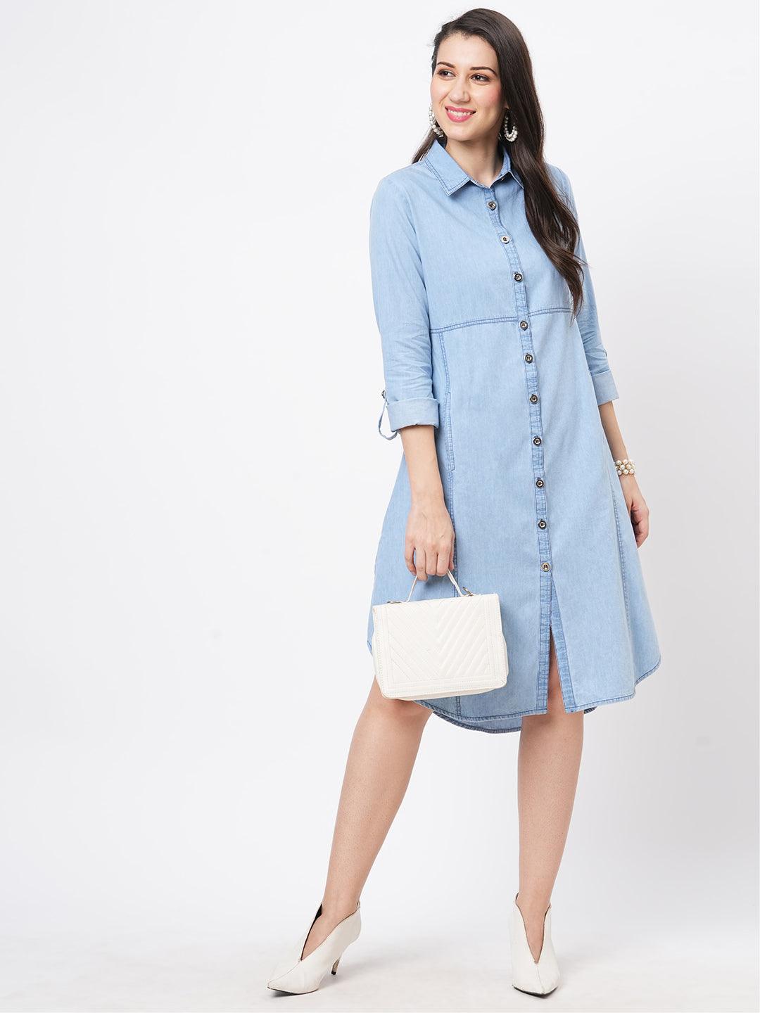 Denim Blue In Sturdy Washed Cotton Shirt Dress With Collar And Button Down Front With Embroidery At The Back