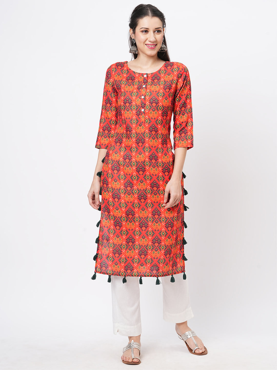 Bright Rust Cottonblend Straight Kurta With Contrast Tassel Detail Around The Slit And Hem