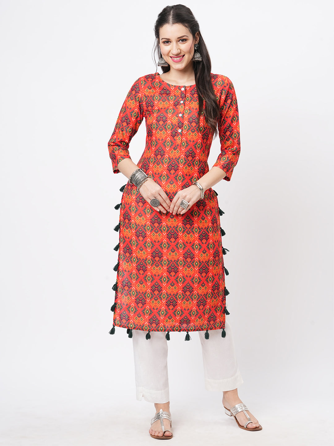 Bright Rust Cottonblend Straight Kurta With Contrast Tassel Detail Around The Slit And Hem