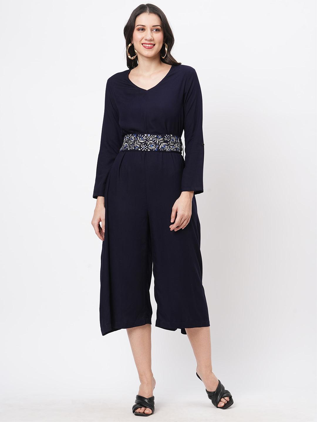 Featuring Navy Viscose Rayon Calf Length Jumpsuit With Emmbroidered Belt.