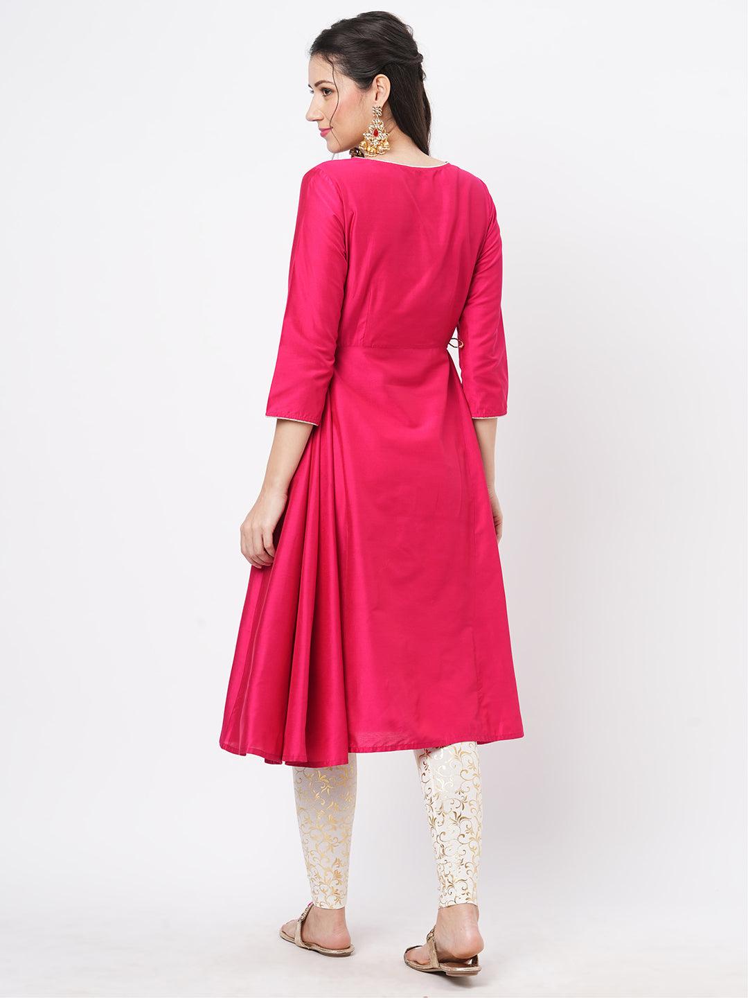 Fuschia Silk Blend Ethnic Kurta With Embroidery Butta At The Neck With Gold Chord Tie Up