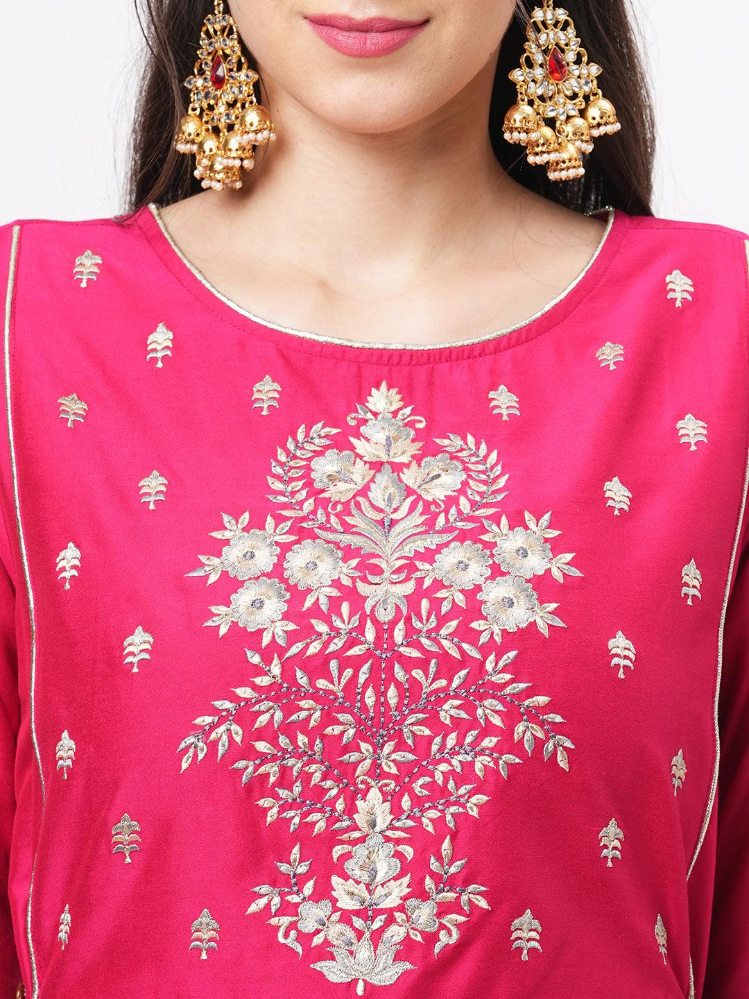 Fuschia Silk Blend Ethnic Kurta With Embroidery Butta At The Neck With Gold Chord Tie Up