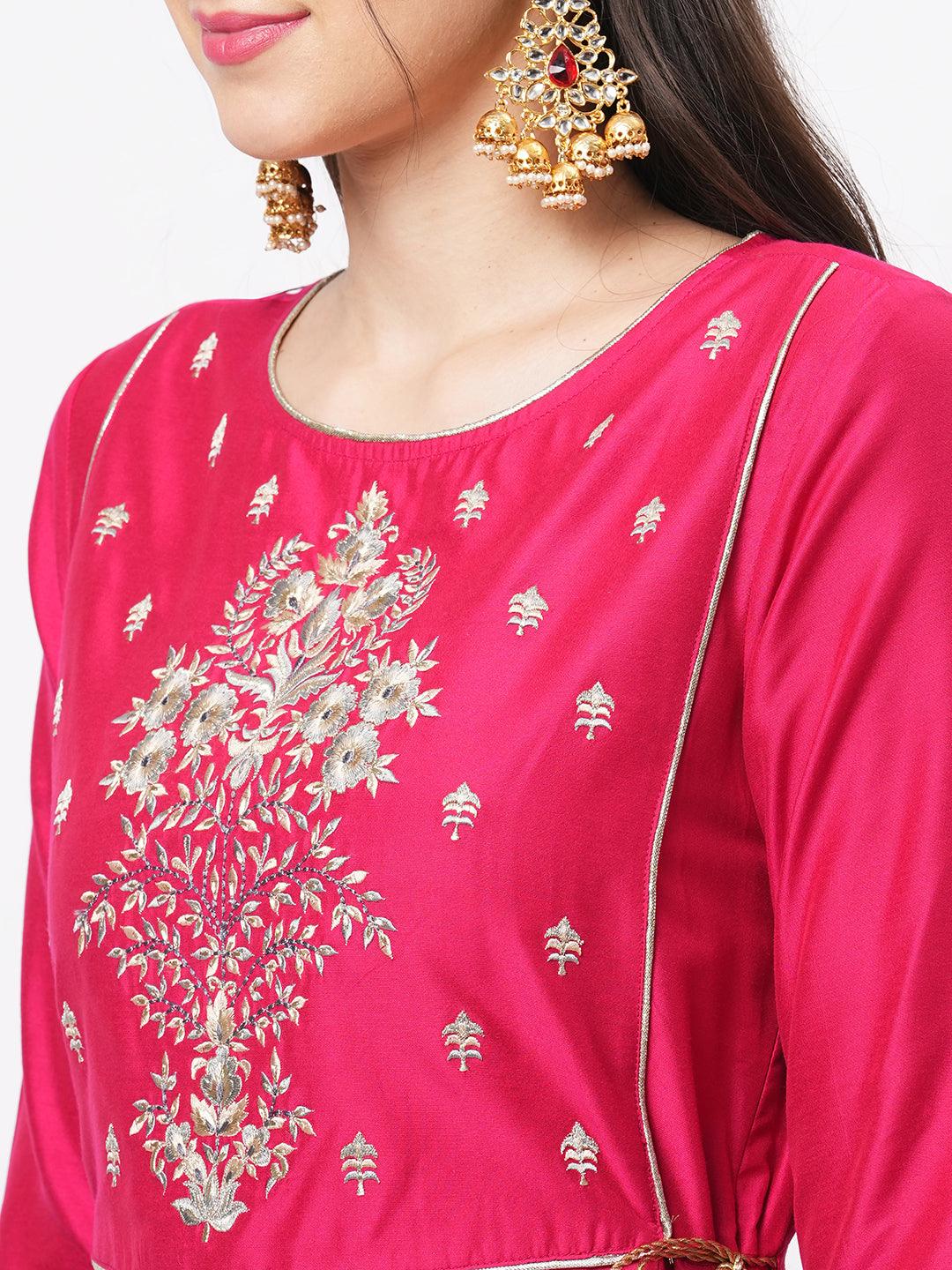 Fuschia Silk Blend Ethnic Kurta With Embroidery Butta At The Neck With Gold Chord Tie Up