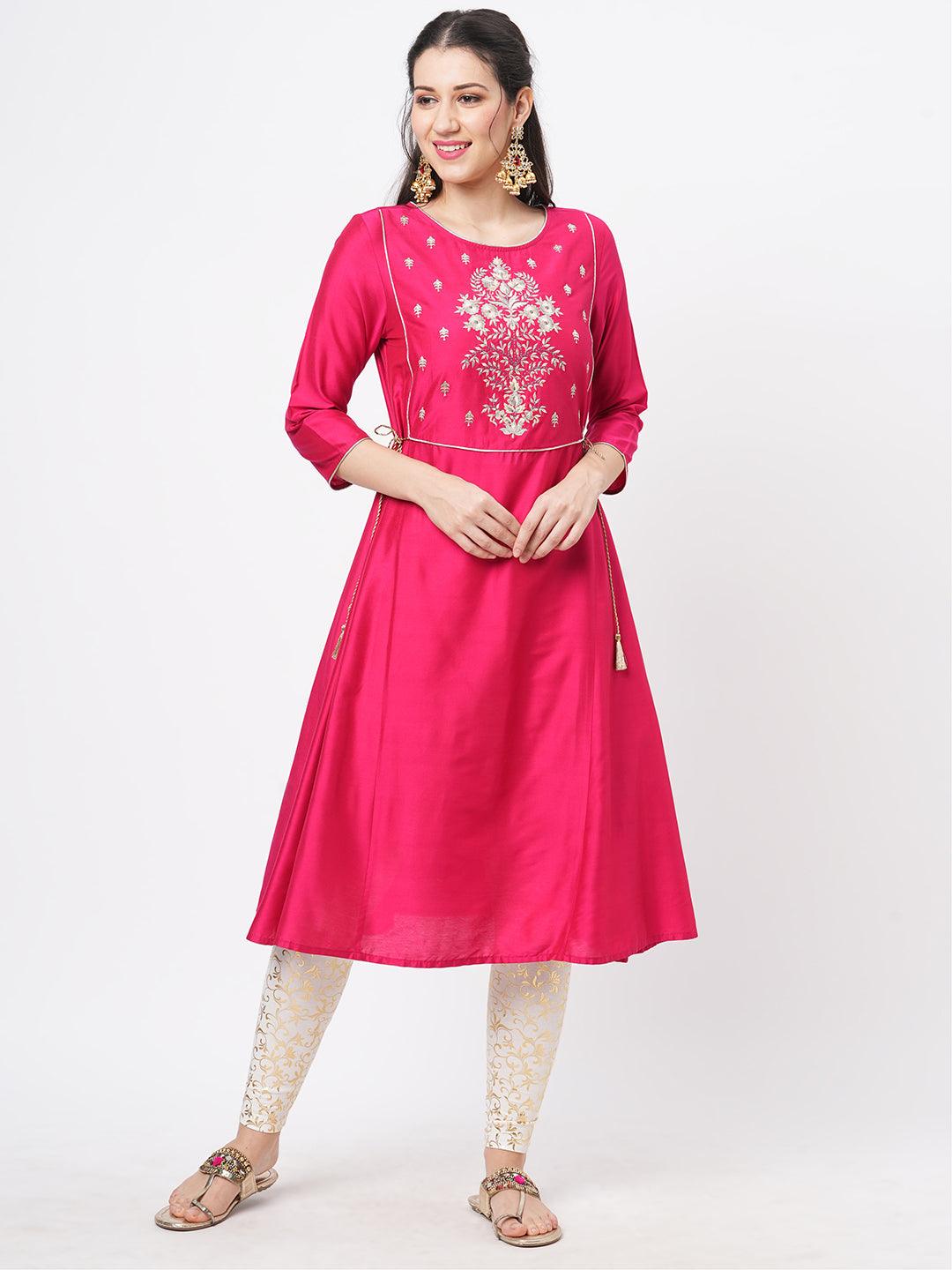 Fuschia Silk Blend Ethnic Kurta With Embroidery Butta At The Neck With Gold Chord Tie Up