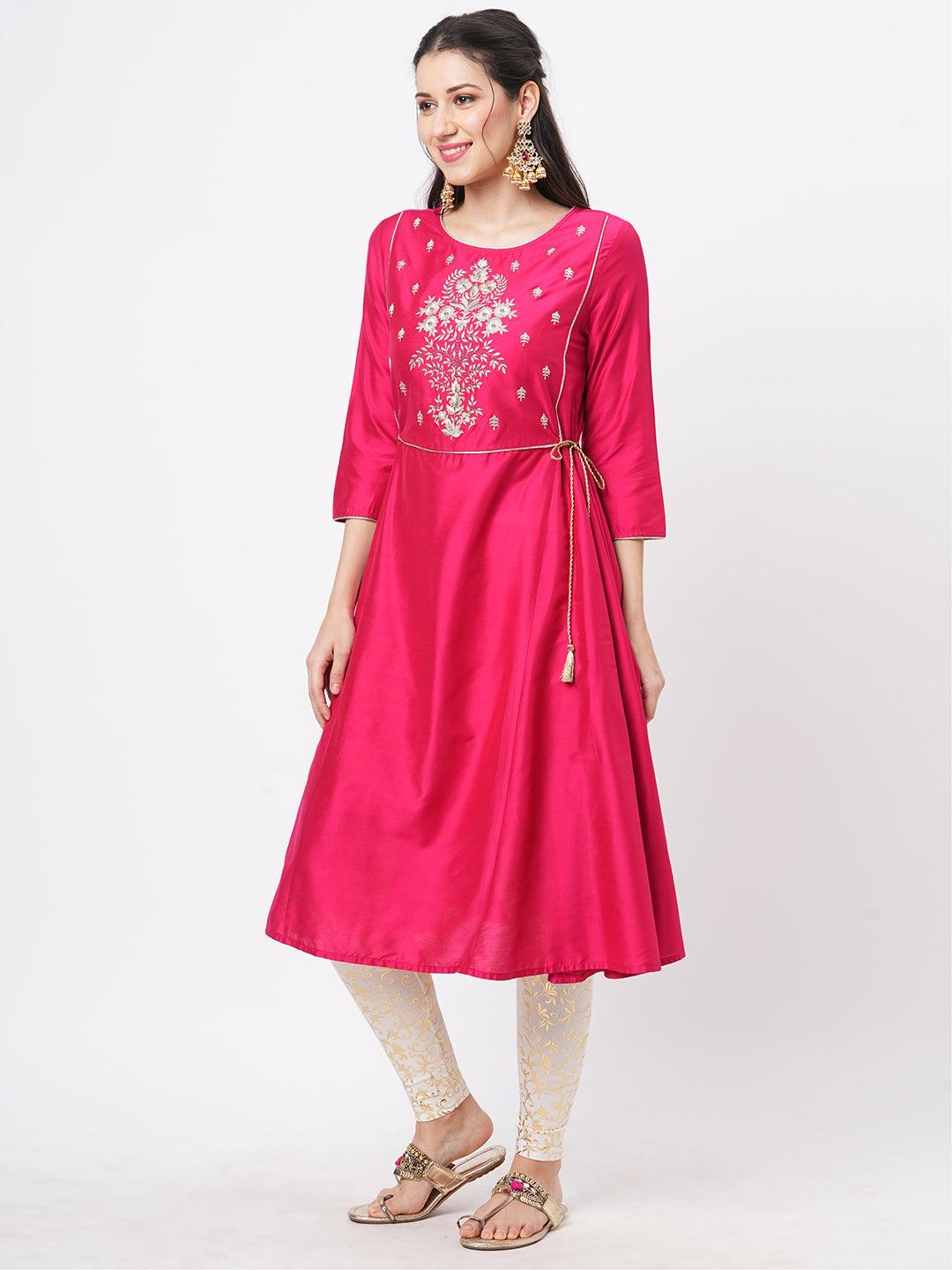 Fuschia Silk Blend Ethnic Kurta With Embroidery Butta At The Neck With Gold Chord Tie Up