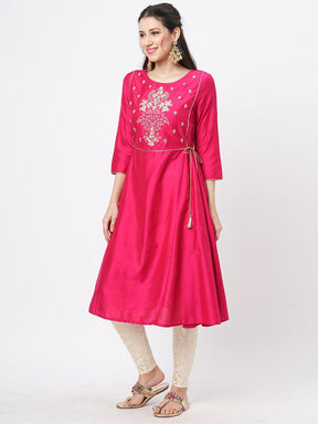 Fuschia Silk Blend Ethnic Kurta With Embroidery Butta At The Neck With Gold Chord Tie Up