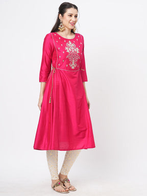 Fuschia Silk Blend Ethnic Kurta With Embroidery Butta At The Neck With Gold Chord Tie Up