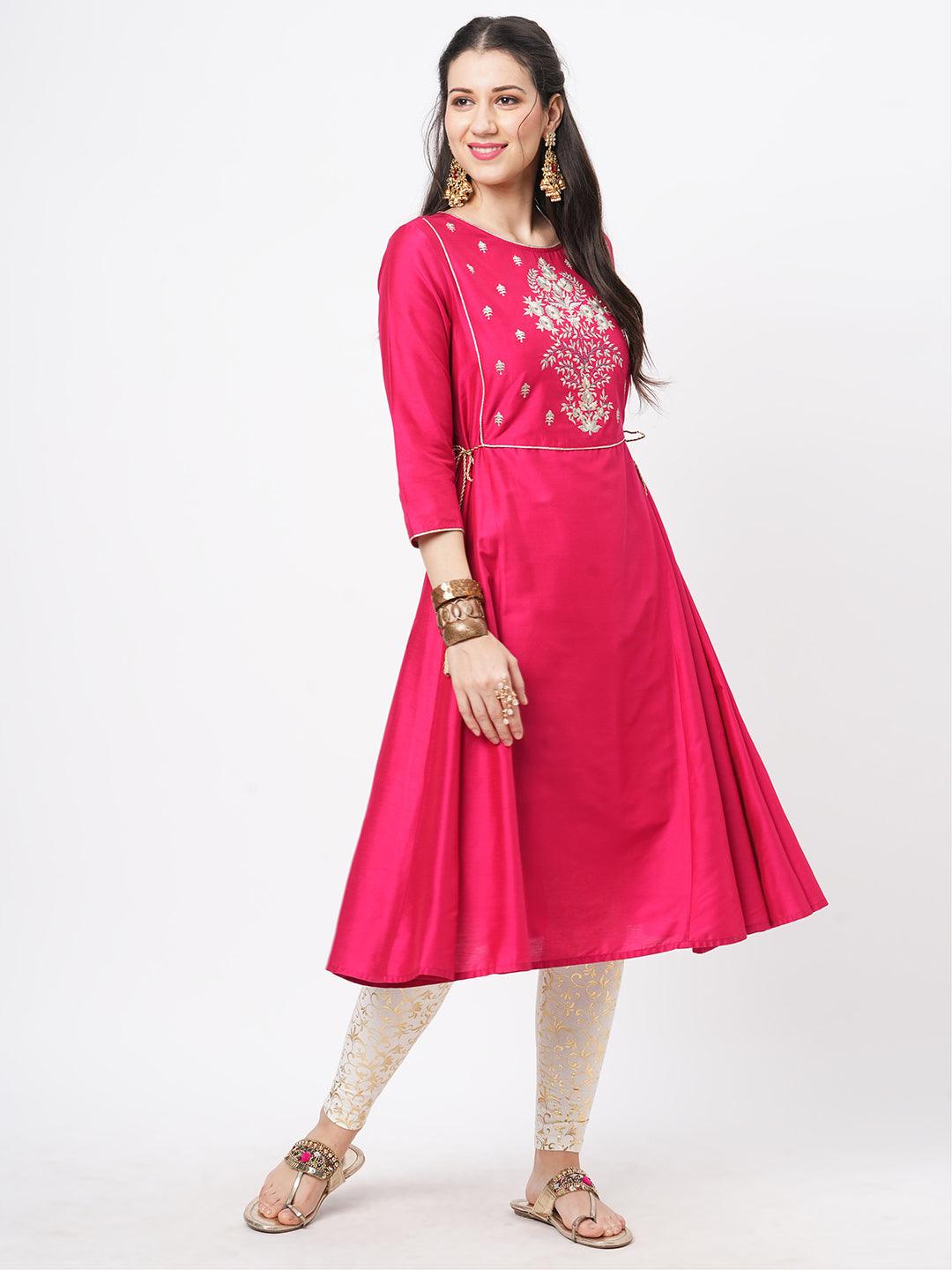 Fuschia Silk Blend Ethnic Kurta With Embroidery Butta At The Neck With Gold Chord Tie Up