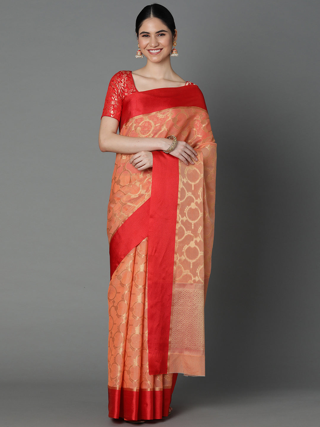 Features A Sheer Kota Saree With Texture And Circular Motif In Gold All Over