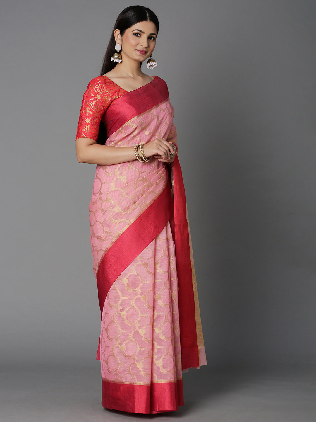 Features A Sheer Kota Saree With Texture And Circular Motif In Gold All Over