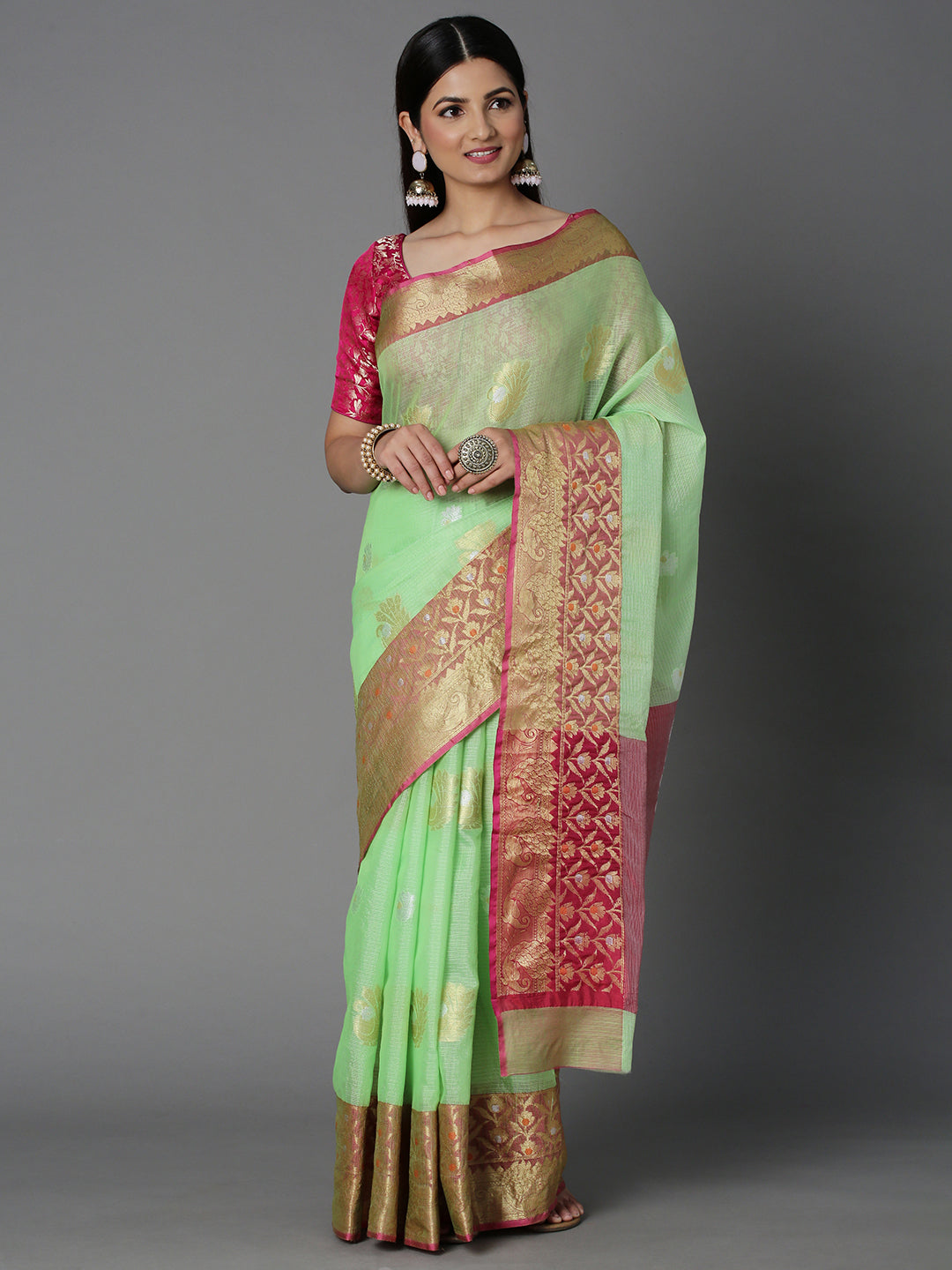 Featuring A Sheer Textured Saree With Butti All Over Highlighted With 2 Borders