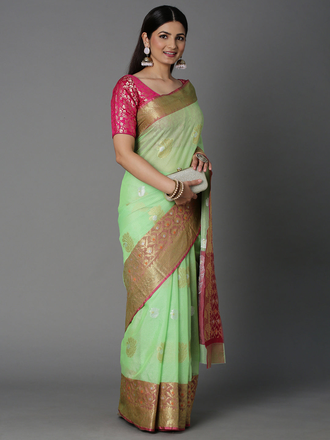 Featuring A Sheer Textured Saree With Butti All Over Highlighted With 2 Borders